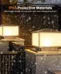 Heavy Duty Outdoor Post Lights With Hardwired E26 Socket And 3000K Warm White Bulbs For Porch Gate Columns Cast Aluminum fixtures in snow.