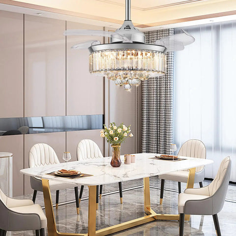 36 Inch Retractable Pendant Fandelier Ceiling Fan With Lights Remote Control, Crystal LED Chandelier Fan in dining room.