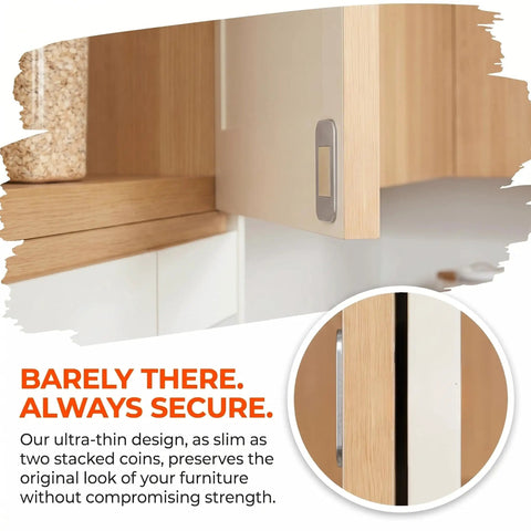 Close-up of 12 Pack No Drill Magnetic Cabinet Door Catch Set on a wooden cabinet, ultra-thin adhesive latch visible