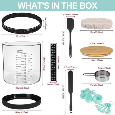 What's in the box of 66 Oz Wide Mouth Sourdough Starter Jar Kit With Easy Read Ounce And ML Scale Lines For Real Date Marked Feeding Band Thermometer Sourdough Jar Scraper Cloth Cover And Bamboo Wood Lid Black, includes jar, scrapers, thermometer, measuring cups, and more.