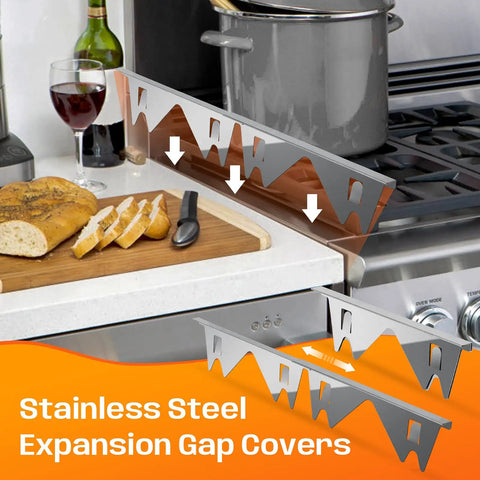 Adjustable Stainless Steel Stove Gap Covers Kit With Gap Filler And Range Trim blocks crumbs beside stove