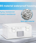 Outdoor Weatherproof Electrical Junction Box With ABS Enclosure, impact-resistant, showing hinged cover and IP65 rating features.