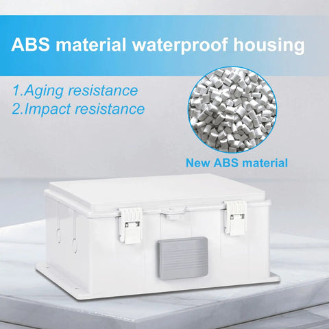 Outdoor Weatherproof Electrical Junction Box With ABS Enclosure, impact-resistant, showing hinged cover and IP65 rating features.