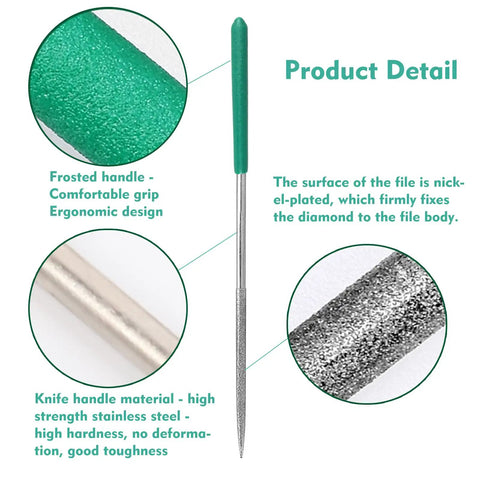 Close-up of a Diamond Needle File Set for Metal Plastic Wood 6.3 Inch 10 Shapes Hand File Kit with green ergonomic handle and nickel-plated edge