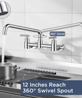FORIOUS Chrome Wall Mount Kitchen Faucet, Adjustable 8 Inch Center 2 Handle with 360° swivel spout and 12-inch reach.