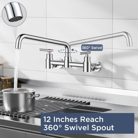 FORIOUS Chrome Wall Mount Kitchen Faucet, Adjustable 8 Inch Center 2 Handle with 360° swivel spout and 12-inch reach.