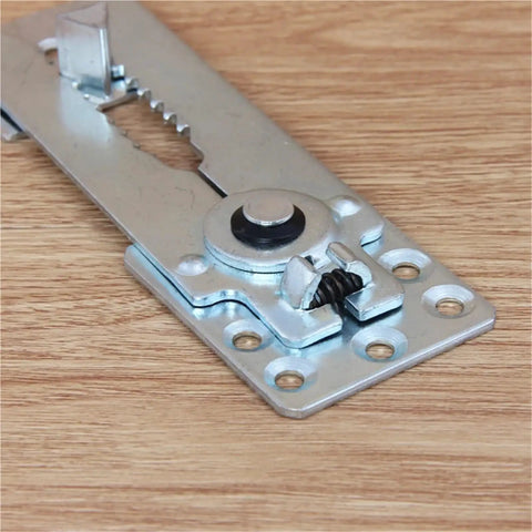 Secure Your Sectional Couch With These Badass Heavy Duty Metal Sofa Connectors And Furniture Joint Clamps To Lock Every Piece In Place And Stay Straight Up Tough Daily, close-up view of a metal connector.