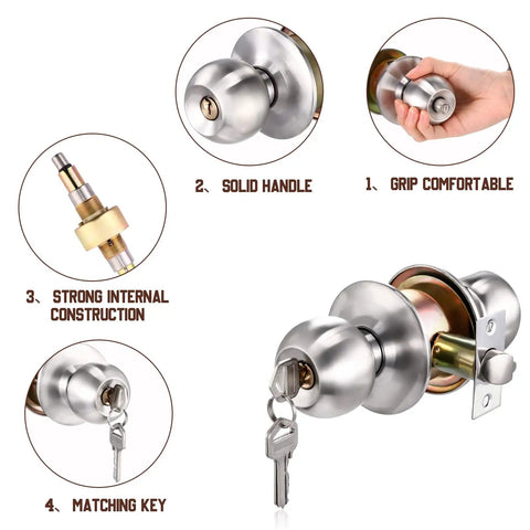 18 Piece Stainless Steel Door Knob Set With Lock And Key Privacy Lock Ball Door Handles for Bedroom Bathroom