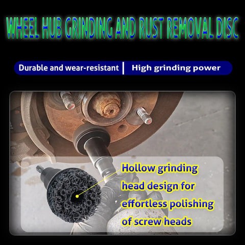 Wheel Hub Cleaning Tool And Stud Cleaner Kit with grinding disc on car brake hub, emphasizing high grinding power.