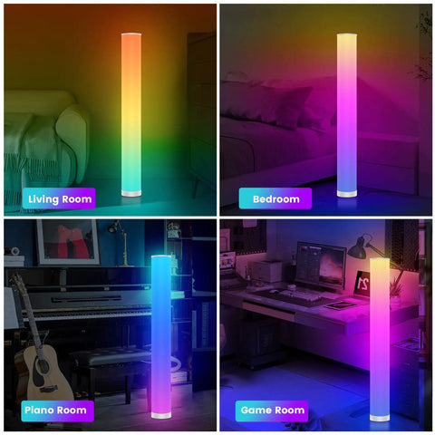 2 Pack RGB Corner Floor Lamps With Smart App Control in living room, bedroom, piano room, and game room showing color changes