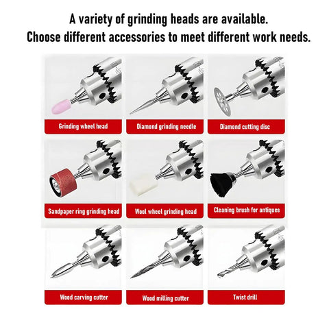 A variety of grinding heads for Cool Compact Mini Drill Press Machine With 360 Degree Rotation And Variable Speed Control, displayed.