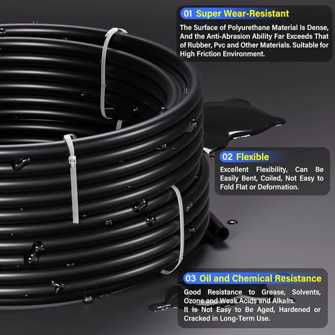 Coiled black One Quarter Inch PU Air Tubing Kit With Sixteen Meter Length Fifty Feet Includes Push To Connect Fittings Pneumatic Tubing Set