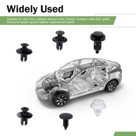 100 Pcs Car Rivets Fasteners Kit with Multi Size Bumper Retainer Clips shown with transparent car model