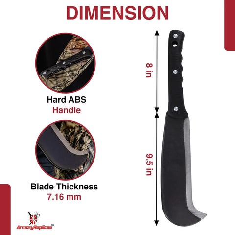 Pathfinder Scythe Style Machete Heavy Duty Carbon Steel Outdoor Tool With Durable Grip and Dimensions Highlighted