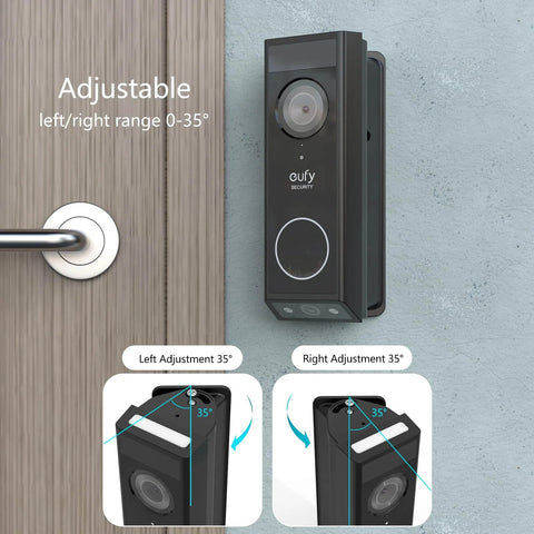 Adjustable Angle Mount For E340 Video Doorbell, 0 To 35 Degree Tilt, No Fuss Easy Install, Solid Mount For Battery Powered Security Doorbell, Black, Custom Fit To Maximize Outdoor Video Coverage, installed on wall next to door handle.