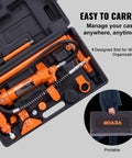 Heavy Duty 4 Ton Porta Power Kit With Portable Hydraulic Jack And 3.9 Ft Hose For Auto Body Frame Repair Plus Truck Farm Use Includes Storage Case And Spreader For Bull Work Efficiency in organized storage case with tools.