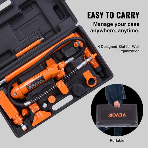 Heavy Duty 4 Ton Porta Power Kit With Portable Hydraulic Jack And 3.9 Ft Hose For Auto Body Frame Repair Plus Truck Farm Use Includes Storage Case And Spreader For Bull Work Efficiency in organized storage case with tools.