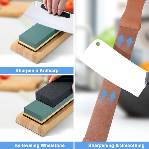 Four Sided Whetstone Knife Sharpener Set With 400 1000 And 3000 8000 Grits, Includes Bamboo Base and Leather Strop in Use