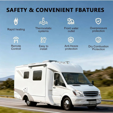 Tankless Instant Hot Water Heater With Smart Temp Control And 55000 BTU Output Uses 12V DC Power For RV Campers Travel Trailers And Caravans features icons for safety and convenience.
