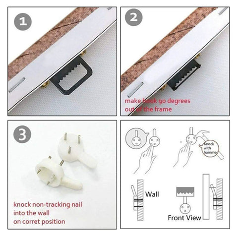 Instructions for hanging Vintage Steam Locomotive Canvas Art Print Framed Wall Decor, step-by-step process with hooks and nails.