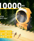Portable Misting Fan With USB Rechargeable Battery, 8 Inch Cooling Mist Fan, yellow fan on beach with runtime details
