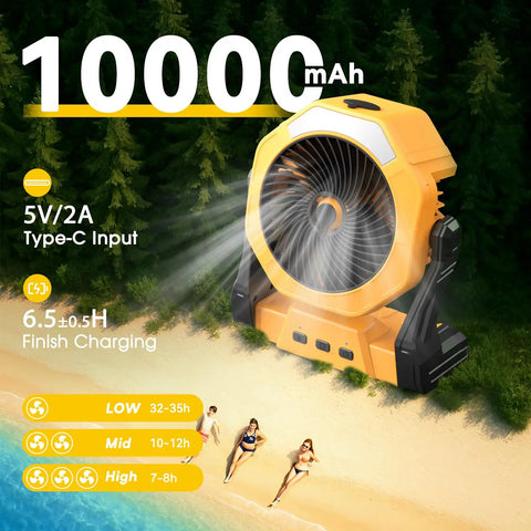 Portable Misting Fan With USB Rechargeable Battery, 8 Inch Cooling Mist Fan, yellow fan on beach with runtime details