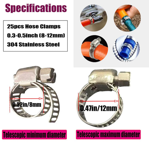 Hose clamps, 25pcs, 304 stainless steel, 8-12mm worm-gear, automotive/plumbing use