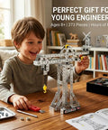 Boy assembling tower crane model from 3 In 1 Metal Construction Kit With 273 Parts Tower Crane Frame Crane Windmill Model Set