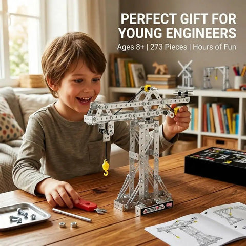 Boy assembling tower crane model from 3 In 1 Metal Construction Kit With 273 Parts Tower Crane Frame Crane Windmill Model Set