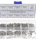 Clear box of All In One 2 56 UNC Stainless Steel Phillips Pan Head Machine Screws And Nuts Assortment Kit, 220 Piece Set.