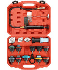 Heavy Duty 18 Piece Radiator Pressure Pump And Cooling System Leak Test Kit with universal adapters displayed in a red case.