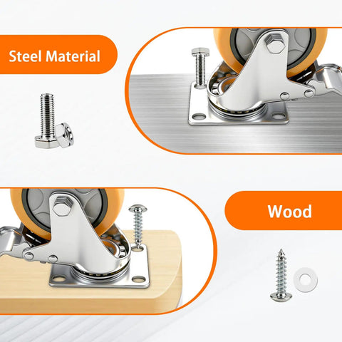 Top Shelf 4 Inch Caster Wheels With Brakes showcasing steel and wood mounting method for heavy duty use.