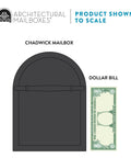 Size comparison of Chadwick Galvanized Steel Post Mount Mailbox Black 21 Inch with a dollar bill for scale.