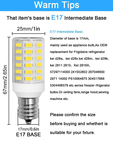 Two Pack E17 Refrigerator Light Bulbs 3.8W, 100-265V, Daylight White 5000K with dimensions and base details