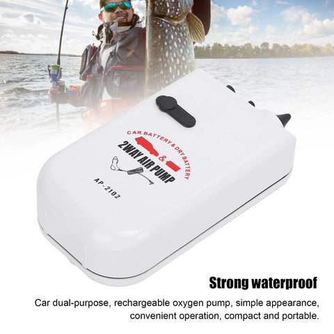 White car battery & portable dual-purpose oxygen air pump on a fishing trip backdrop, compact and waterproof.