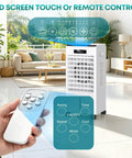 Beast Mode Cooling 8000 BTU Windowless Portable AC in living room with remote control and touch screen display.