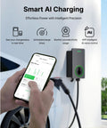 Person using WiFi app next to Level 2 EV Charger 50 Amp J1772 Hardwired With WiFi App Weatherproof Indoor Outdoor EVSE Charging Station