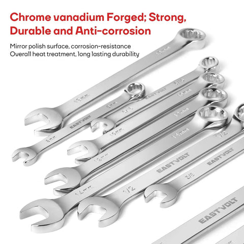 248 Piece Mechanics Tool Set With Sockets And Wrenches, chrome vanadium forged tools with anti-corrosion finish, close-up view of wrenches