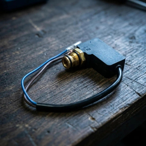 Must-Have Washer Switch Pressure Assembly To Keep Your Electric System Running Smooth With Wires And Brass Threaded Connector For Quick Repairs, black housing with brass connector.