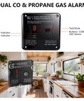 Dual CO And Propane RV Detector System With Digital Display, 2 In 1 Alarm, installed on RV wall with LED indicators