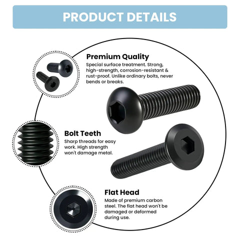 Product details of 24 Piece M6 X 25mm Hex Socket Flat Head Bolts Heavy Duty Carbon Steel Black Oxide Finish with flat heads and sharp threads.