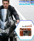 Motorcycle with 195 Piece Stainless Steel Motorcycle Fairing Bolt Kit With Bolts Screws Nuts Washers Clamps And Self Tapping Screws Universal Windshield Fasteners For Dirt Bikes Scooters Motocross In Orange shown in inset box.