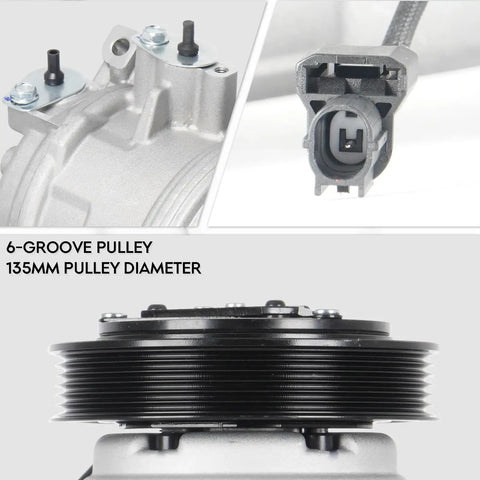 Slick AC Compressor With Clutch For Honda Pilot Odyssey Ridgeline And Acura Mdx 3 Point 5 And 3 Point 7 Liter Engine showing 6-groove pulley and 135mm diameter.