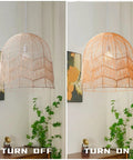 Handwoven Rattan Pendant Lighting Rope Lamp Shade For Indoor Hanging Ceiling Light, Natural Eco Friendly Lampshade turned off and on