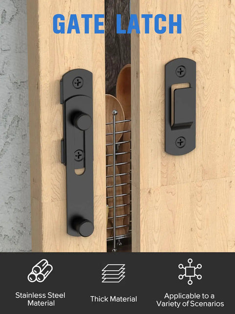 Heavy Duty Stainless Steel Sliding Barn Door Lock With Matte Black Finish installed on wooden door