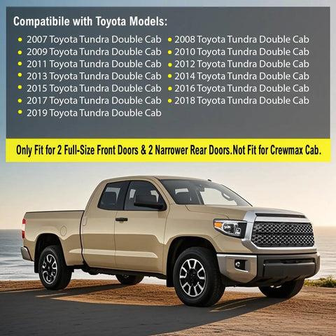 Toyota Tundra Double Cab pickup truck compatibility list for 2007-2019 beside schematic diagram of door weather strips.