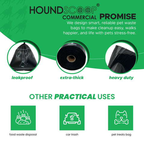 Houndscoop commercial promise depicting bulk pack of 2000 pet waste bags in roll format, heavy duty pro-grade dog poop bags for parks.