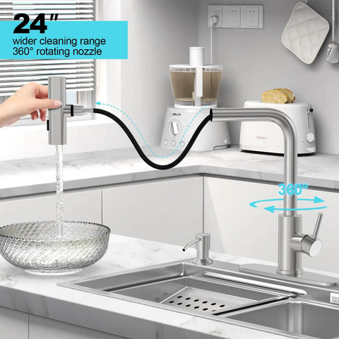 Top Tier Kitchen Sink Faucet Featuring A Smooth Pull Down Sprayer Integrated Soap Dispenser And Heavy Duty Brushed Finish for 360° cleaning.
