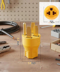 Real Deal NEMA 14 To 50P Male Converter showing dimensions, yellow adapter for dryers and RV inlets, 240V 20A.