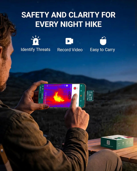Man using Power TS1 Thermal Camera For iPhone With 512x384 Super Resolution, Crystal Clear Infrared Imaging on night hike